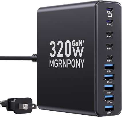 320W USB C Charger Block, MGRNPONY 10-Port GaN USB C Charging Station Black