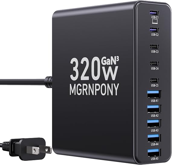 320W USB C Charger Block, MGRNPONY 10-Port GaN USB C Charging Station Black