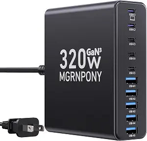 320W USB C Charger Block, MGRNPONY 10-Port GaN USB C Charging Station Black