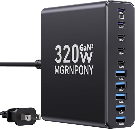 320W USB C Charger Block, MGRNPONY 10-Port GaN USB C Charging Station Black