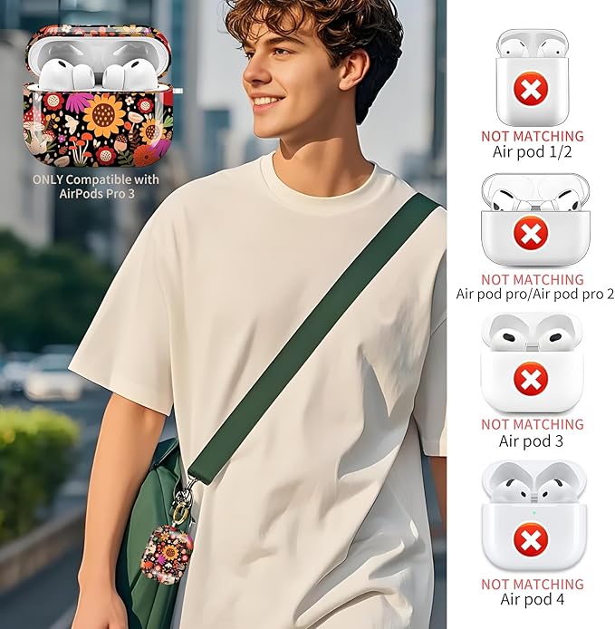 Compatible with AirPods Pro 3 (2025) Case, Airpod Pro 3 Protective Cover with Cute Golden Keychain for Girls & Women (Mushroom Sunflower)