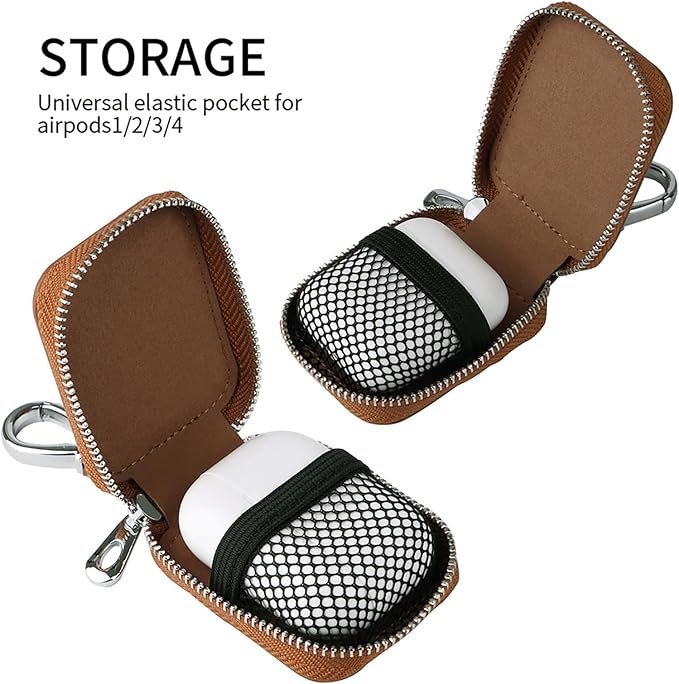 Earbud Case, Headphone Storage Case for AirPods 4/1/2/3/Pro 2, PU Leather Zipper Carrying Pouch Earbuds Bag with Keychain for Wireless Earphones, Wired Headphone & USB Cable - EJB 1 PCS Brown