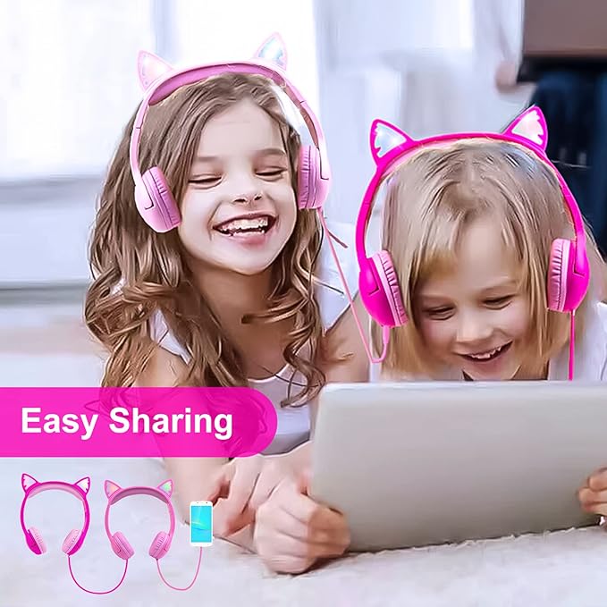 Olyre Kids Headphones with Sharing Port, Safe 85db Volume Control Light Up Cat Ear Headphones for Tablets/E-Readers, Wired Children Headphones with Microphone for School Learning Travel - Rose