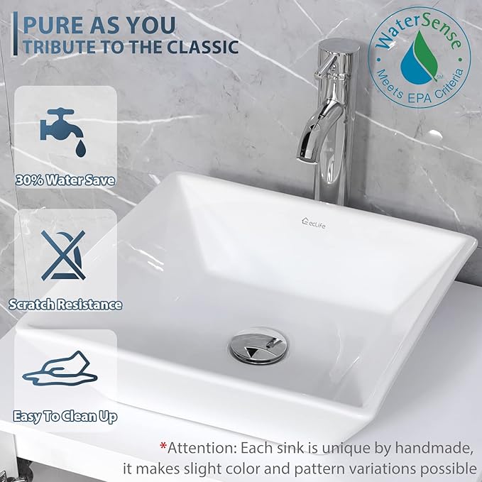 eclife 84" Modern Bathroom Vanity Sink Combo Freestanding Cabinet with Small Side Cabinet, White Square Ceramic Vessel Sink, Water Save Faucet, Drain (Black+A07)