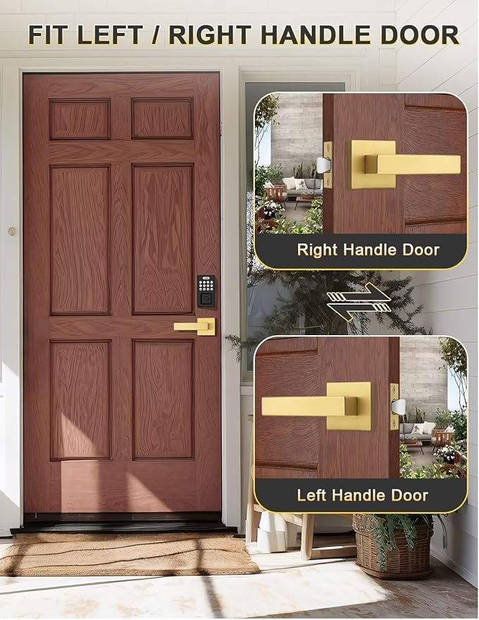 4 Pack Gold Keyless Square Levers Handles, Satin Brass Finish, Interior Passage Door Locksets for Hall Closet Door Knobs Lock Reversible Right & Left Handed