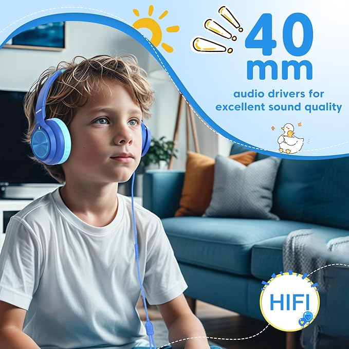 Kids Headphones with 3.5mm & USB C Wired Headphones, USB C Headphones Kids for School, Lightweight On-Ear Headphones Built-in Mic & Safe Volume Limited for classroom/Girls/Boys/Travel/Tablets((Blue)