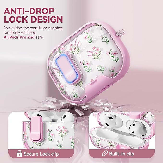 with Safety Lock for AirPods Pro 2nd 1st Generation Case Cover,Clear Floral Cute AirPods Pro 2 Case with Phone Stand & Cleaning Kit for AirPod Pro Case for Women Girly-Pink Narcissus