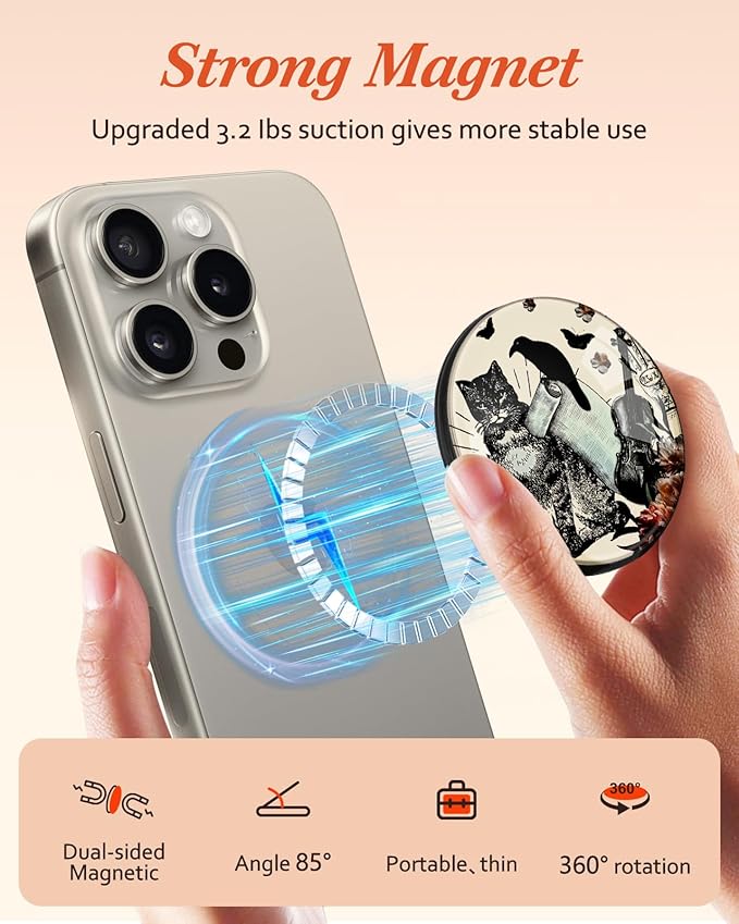 Kidcube Magnetic Phone Grip Compatible with Magsafe - Cell Phone Grip Stand Ring Holder Magnet Kickstand Removable Accessories for iPhone 16 Pro Max/16/15/14/13/12 Series Women Girls Cute Cat Bird