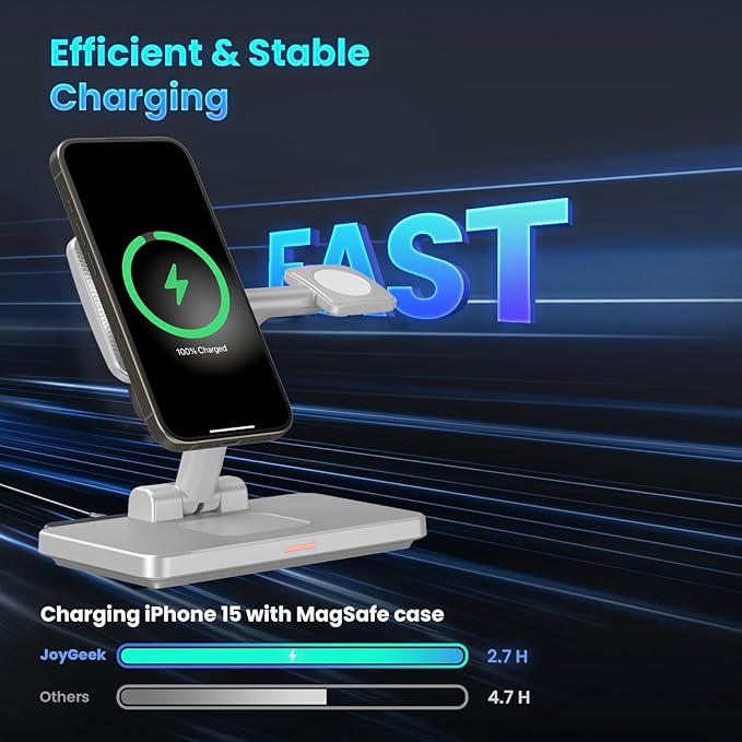 Magnetic 3 in 1 Wireless Station Foldable: JoyGeek MagSafe Charging Stand for iPhone 17 Air 16 Pro 15 Max, Apple Watch SE 2, AirPods Pro 3 (Gray)