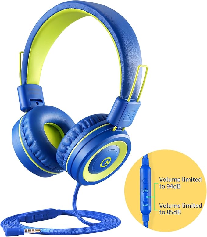 noot products Kids Headphones with Microphone K12 Stereo 5ft Long Cord with 85dB/94dB Volume Limit Wired On-Ear Headset for iPad/Amazon Kindle,Fire/Toddler/Boys/Girls/School(Blue/Lime)