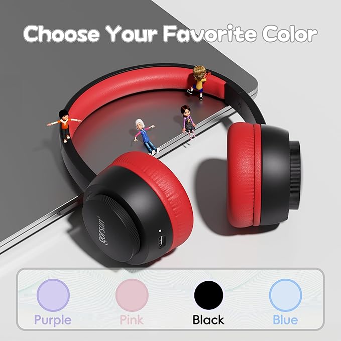 gorsun Kids Bluetooth Headphones, Toddler Headphones 85 dBA Safe Volume, 45 Hours Playtime, with Mic, Bluetooth 5.3, Kids Wireless Headset for iPad/Tablet/Travel/School, ldeal Gift (Black/Red)