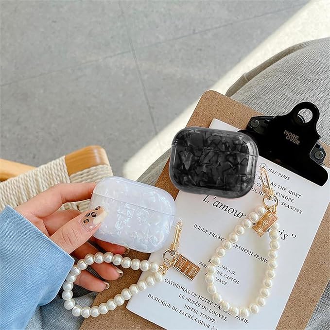for Cute Glitter Airpods Pro/Pro 2 Gen Case with Cleaner Pen, Shell Pattern iPod Pro 2nd/1st Generation Cover Protective Skin Girl Women with Luxury Pearl Keychain 2023/2022/2019 - Black