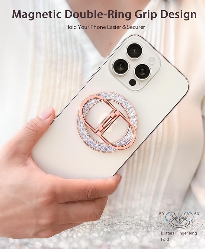 Magnetic Phone Grip | Phone Ring Holder | Stylish Twinkle Transparent with Phone Ring Holder for iPhone, Mag Safe Phone Ring Grip for iPhone & Android, Rosegold