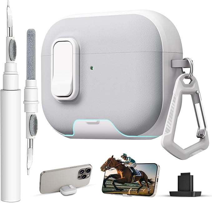 for AirPods Pro 3 Case with Lock,TPU Leather Texture Durability Anti-Lost & Shockproof Protective Cover Accessories with Cleaning Kit in Keychain for Apple AirPod Pro 3 Generation 2025(White/Grey)