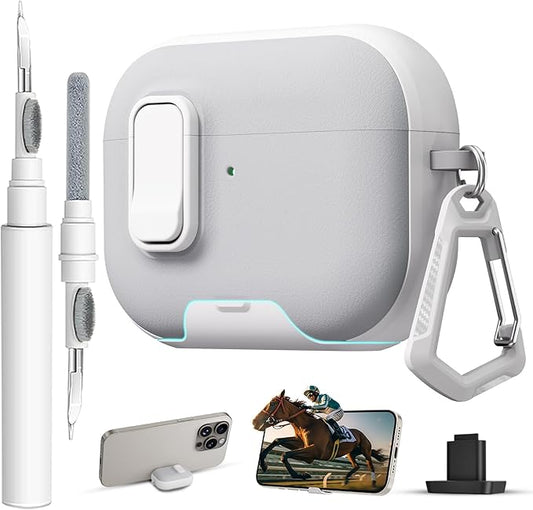 for AirPods Pro 3 Case with Lock,TPU Leather Texture Durability Anti-Lost & Shockproof Protective Cover Accessories with Cleaning Kit in Keychain for Apple AirPod Pro 3 Generation 2025(White/Grey)