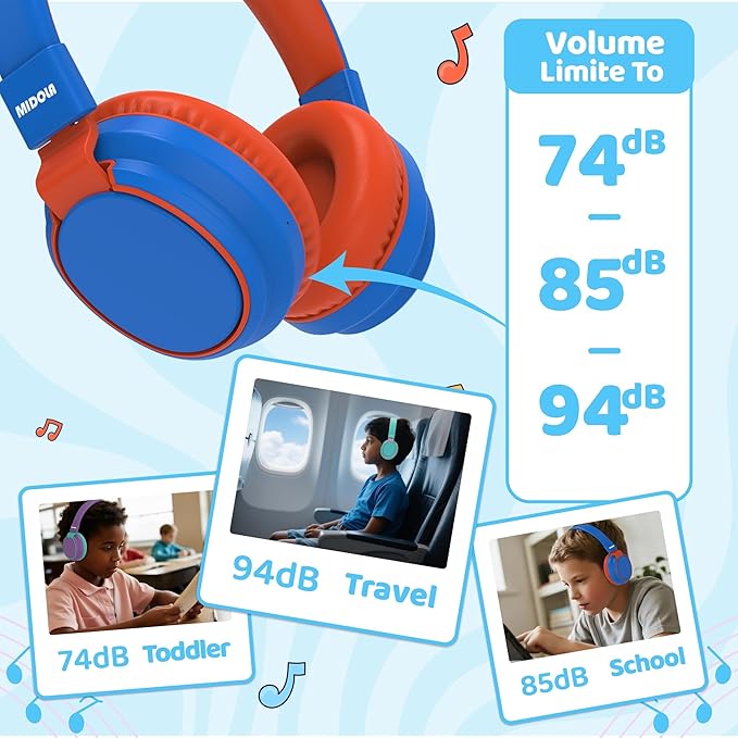MIDOLA Kids Headphones Wireless Bluetooth 5.4 68H Play Time Volume Limit 85/94dB Over-Ear Foldable Headset,Type-C Fast Charging,with Wired Aux Mic for Toddler Boy Girl Pad Tablet Blue