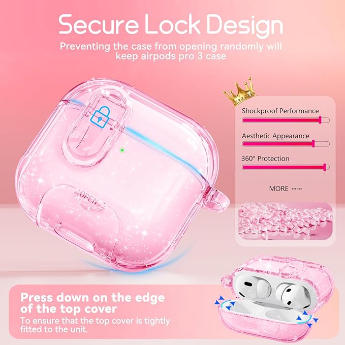 Clear Case for AirPods Pro 3 Case Cover with Safety Lock,Soft TPU Cover with Phone Stand & Cleaning Kit,Cute Bling Keychain for Women Girls-Glitter Pink