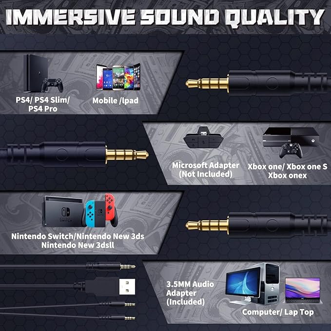 ONIKUMA K19 Gaming Headset, Stereo Bass Surround Headset LED RGB 3.5mm Headphone for PS4 Xbox One Nintendo Switch PC PS3 Mac, Noise Cancelling Mic LED Light, Designed Technically for Gamer