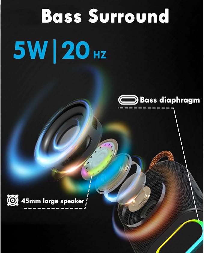 Bluetooth Speaker IPX5 Waterproof with 3 RGB Light Modes, 8H Playtime, 5W HD Sound, TF/AUX Support, Portable for Outdoor/Indoor Use