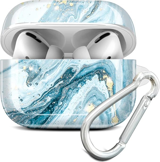 JIAXIUFEN Compatible with AirPods Pro 2019 / Airpods Pro 2nd Generation Case Cover Gold Sparkle Glitter Marble Design Cute Full Protective Silicone TPU Skin Accessories for Women Girl Blue