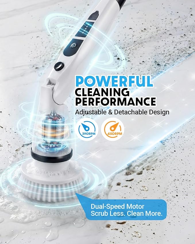 Electric Spin Scrubber, Shower Scrubber with Long Handle, 7 Brush Heads, 2-Speed Cordless Bathroom Cleaning Brush, 54in Extendable Electric Cleaning Brush for Tub, Tile, Floor & Kitchen