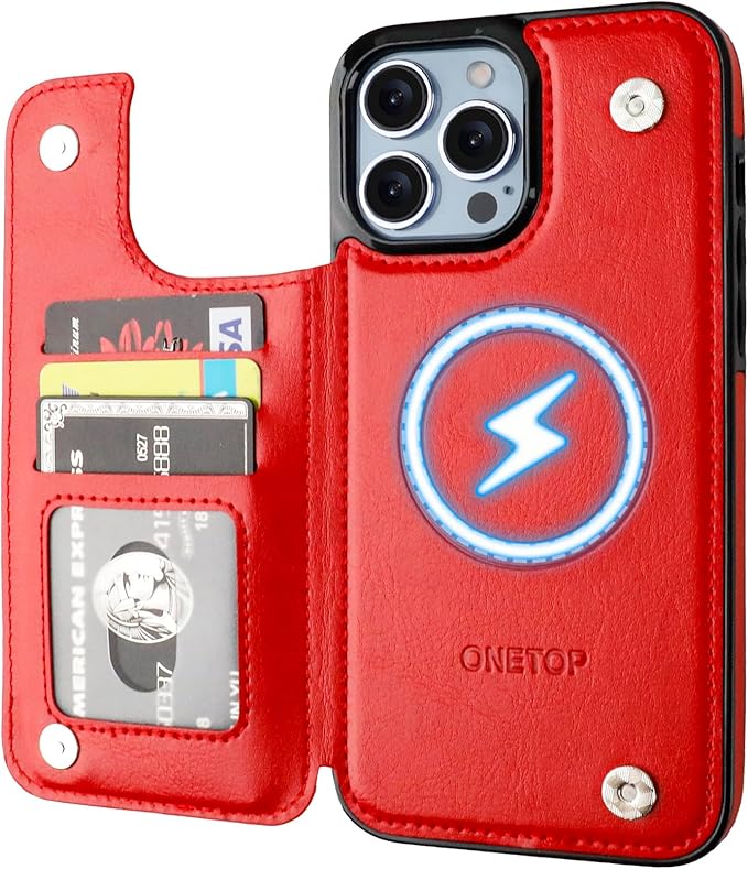 ONETOP Compatible with Magsafe for iPhone 13 Pro Max Wallet Case with Card Holder, PU Leather Kickstand RFID Blocking Case, Double Magnetic Clasp and Durable Shockproof Cover 6.7 Inch (Red)