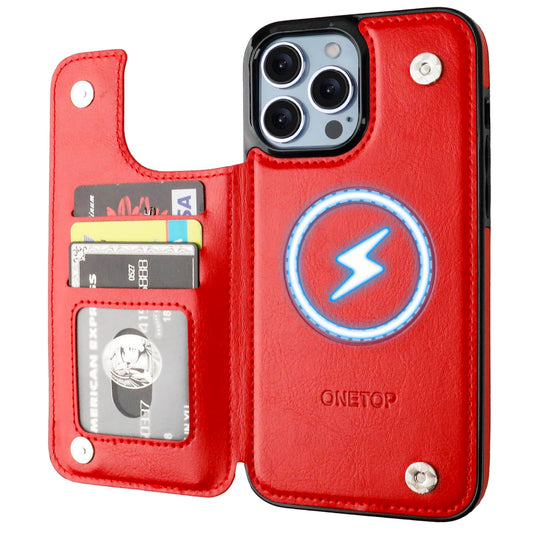 ONETOP Compatible with Magsafe for iPhone 13 Pro Max Wallet Case with Card Holder, PU Leather Kickstand RFID Blocking Case, Double Magnetic Clasp and Durable Shockproof Cover 6.7 Inch (Red)