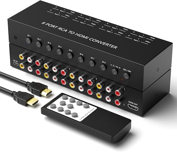 Y.D.F 8 Port RCA to HDMI Converter 8 Way RCA Composite CVBS AV Switch to HDMI Converter Adapter Support 4:3/16:9 Switching, for Sega Xbox PS1 PS2 PS3 N64 NGC SNES WII VHS VCR Camera DVD