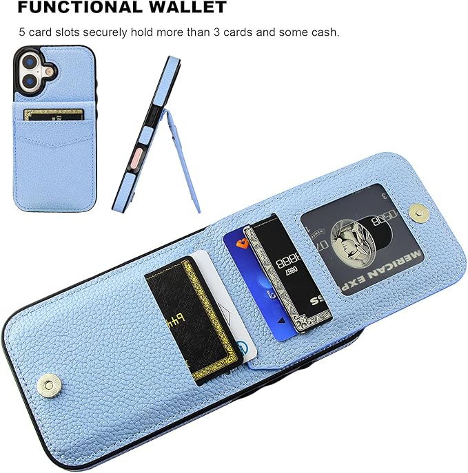 KIHUWEY Compatible with iPhone 17 Case Wallet with Credit Card Holder, Flip Premium Leather Magnetic Clasp Kickstand Heavy Duty Protective Cover for iPhone 17 6.3 Inch (Lichee Light Blue)