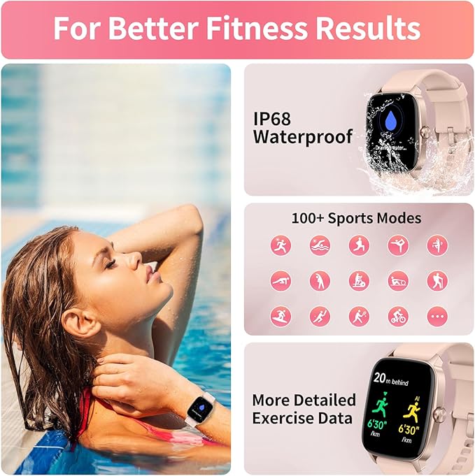YMZ Smart Watch for Men Women, IP68 Waterproof, Bluetooth Calling, Fitness Tracker, Sleep Monitoring, 1.85'' DIY Dial, AI Built-in, 7 Days Battery, Compatible with Android & iOS