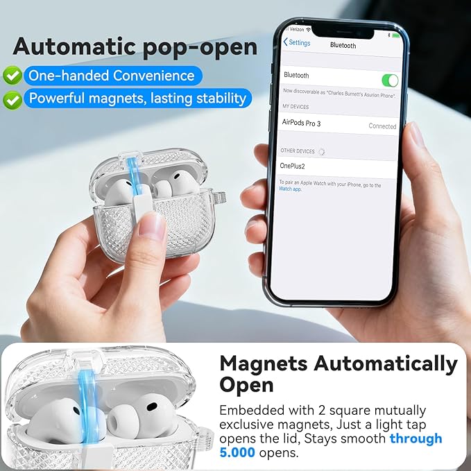 for AirPods Pro 3 Case with Phone Stand & Secure Lock, Auto-Open Clear Case Cover Compatible with Apple AirPods Pro 3rd Generation with Cleaning Kit & Keychain