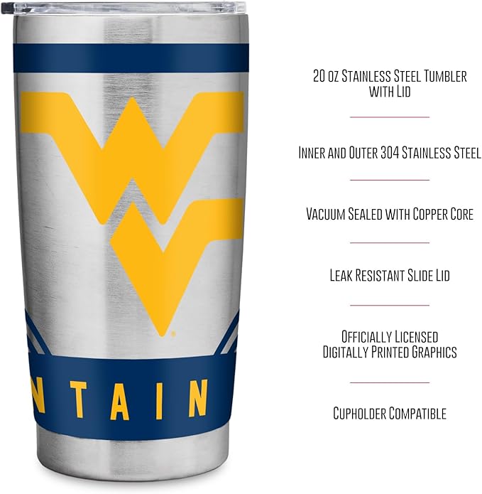 Rico Industries NCAA 20oz Stainless Steel Tumbler with Lid - Great For Coffee, Tea, Water or Cocktails