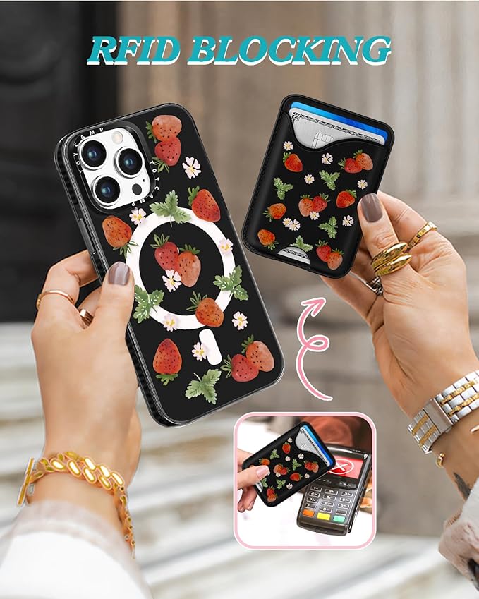 Toycamp for iPhone 15 Pro Max Case - Compatible with Magsafe Credit Card Holder Wallet Magnetic Girls Cute Girly Teens Kawaii Unique Strawberry Black Design Phone Cover for Apple 15 Promax 6.7"