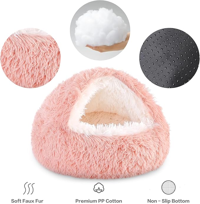 NOYAL Round Hooded Donut Dog Bed for Small & Medium Pets - Plush Fluffy Anti-Anxiety Cat Cave Bed with Cover