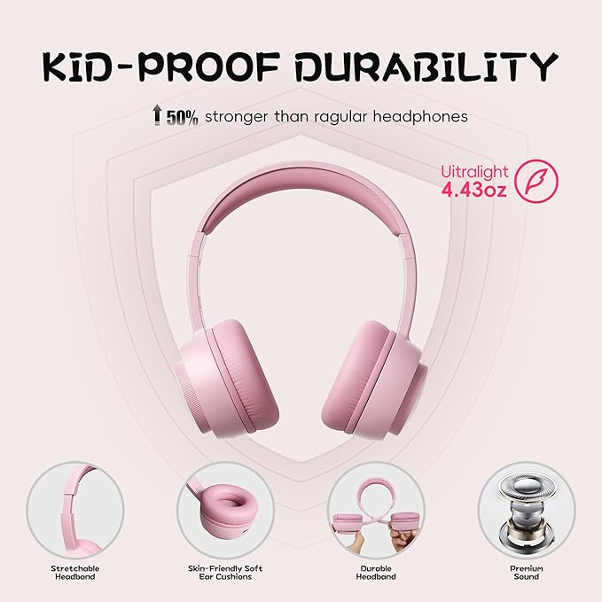 gorsun Kids Bluetooth Headphones, Toddler Headphones 85 dBA Safe Volume, 45 Hours Playtime, with Mic, Bluetooth 5.3, Kids Wireless Headset for iPad/Tablet/Travel/School, ldeal Gift (Pink)