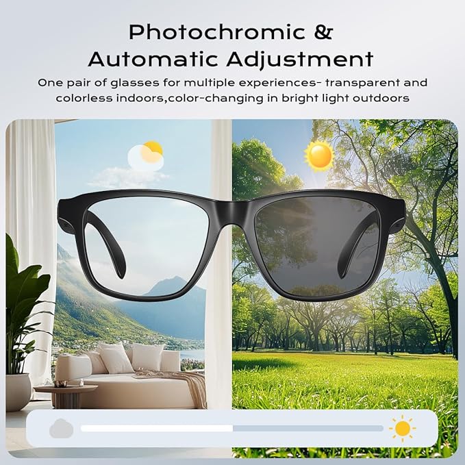 Smart Glasses for Women Men,Bluetooth Glasses with Photochromic Lenses,Built-in Mic & Speakers,Anti-Blue Light Lens with Hands-Free Listening Voice Control,Perfect for Indoor Outdoor