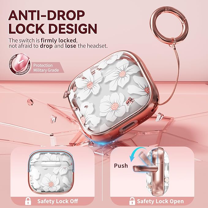 Inesore with Safety Lock for AirPods 4 Case,Clear Floral Cute AirPod 4th Generation Case for Women Girly with Cleaner Kit and Keychain-Black+Gold White Lily