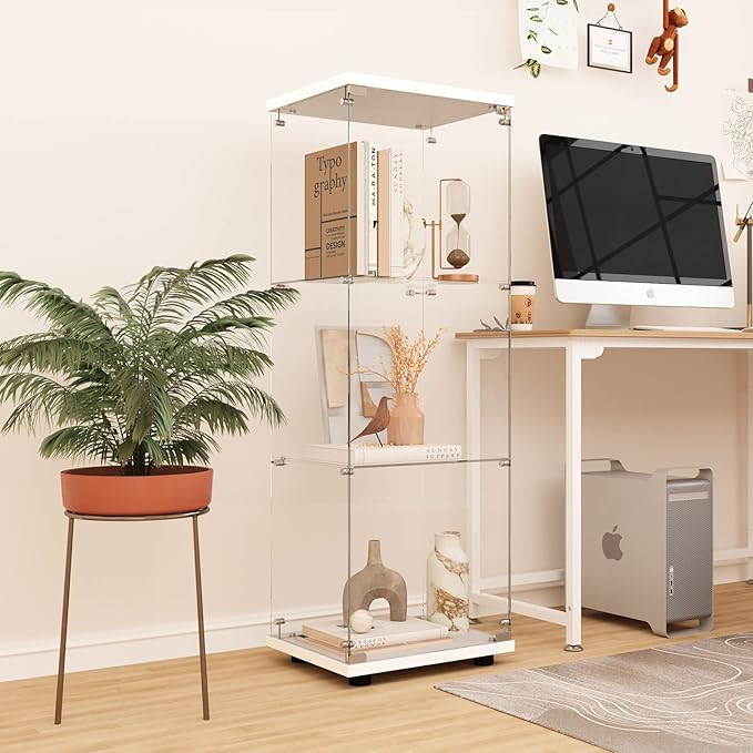 LFT HUIMEI2Y Glass Display Cabinet 3-Shelf with Door and Lock, Curio Cabinets Upgraded Quick-Install Style Tempered Glass Floor Standing Bookshelf for Bedroom, Living Room 49”x 17”x 14” White