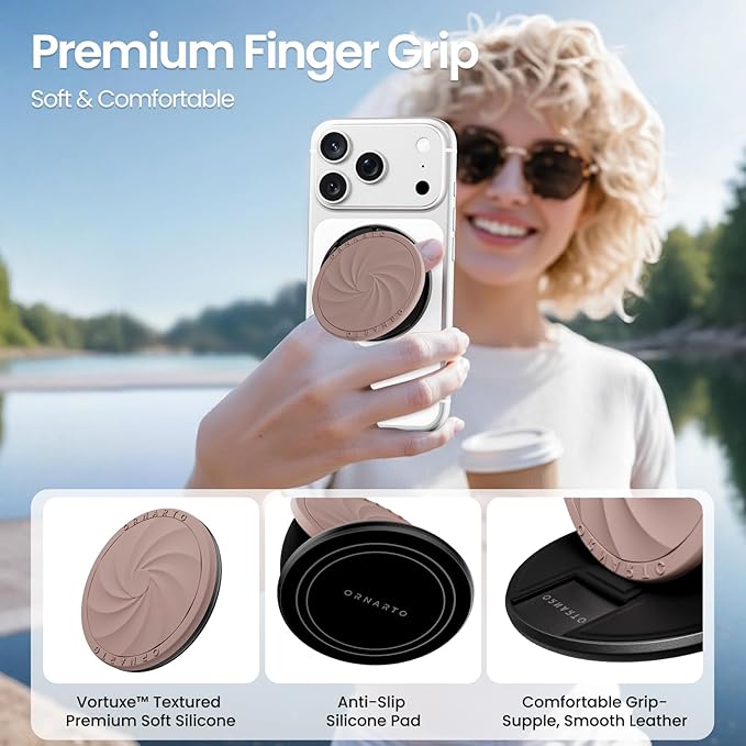 ORNARTO Vortuxe for MagSafe Phone Grip with Kickstand, Soft Liquid Silicone Finger Loop Grip, Phone Ring Holder for Back of Phone, Premium Build & Comfy Touch, Latte