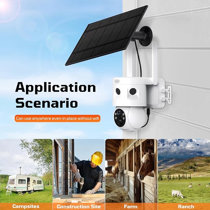 4G LTE Cellular Security Camera 180°Automatic Intrusion Detection and 360°Panoramic View Home and Outdoor Security Camera with Solar Panel, 2K Video Illumination at Night-4G-New
