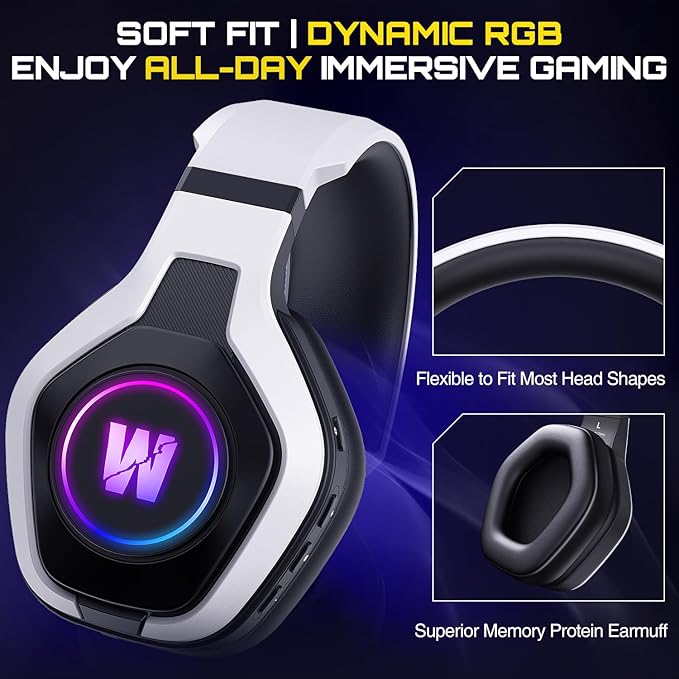 Wireless Gaming Headset for PS5, PC, PS4, 2.4G/Bluetooth Gaming Headphones with Noise Canceling Microphone, USB and Type-C Connector, 7.1 Surround Sound, RGB Lighting, 60H Battery