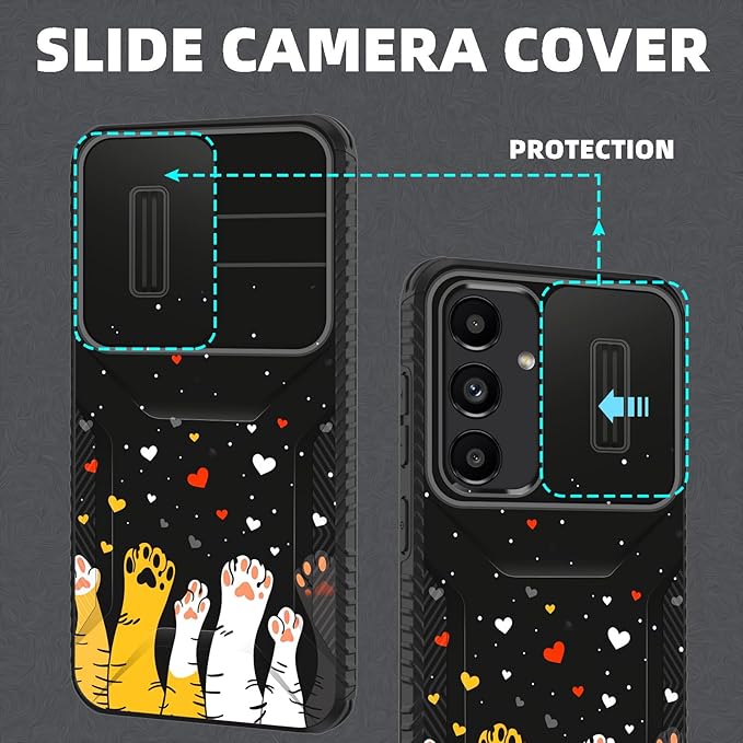 for Galaxy S25 Case Built in Slide Camera Lens Cover,Heavy Duty Shockproof Protection Dual Layer Case for Samsung Galaxy S25 6.2" 2025,Cute Cat Paw Heart