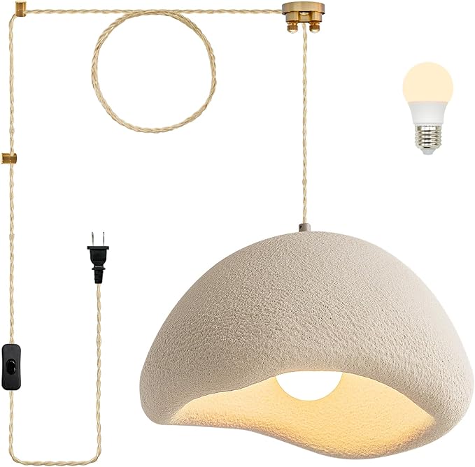 MODIVO 15.7in Wabi Sabi Plug-in Pendant Light for Kitchen lsland,White Concrete Hanging Ceiling Light Fixtures Japanese Lamp Dining Room,Bathroom,Living Room,Restaurant Decor Bulb Included