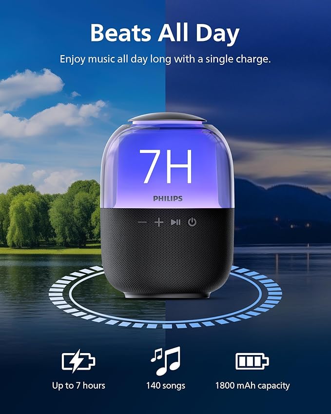 Philips S2108 Portable Bluetooth Speaker,Wireless Speakers with Punchy Bass,7 H Battery,TWS Pairing,Support Stereo Sound,Bluetooth 5.3 or TF Card,10W Output Power,Lighting Modes,Compact,Black
