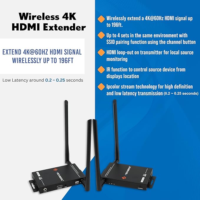 J-Tech Digital Wireless HDMI Transmitter and Receiver 4K 60Hz Up to 196ft., 5.1/5.2 GHz Low Latency HDMI Loop Output SSID Pairing Channel Change IR Passthrough [JTECH-WEX4K-50]