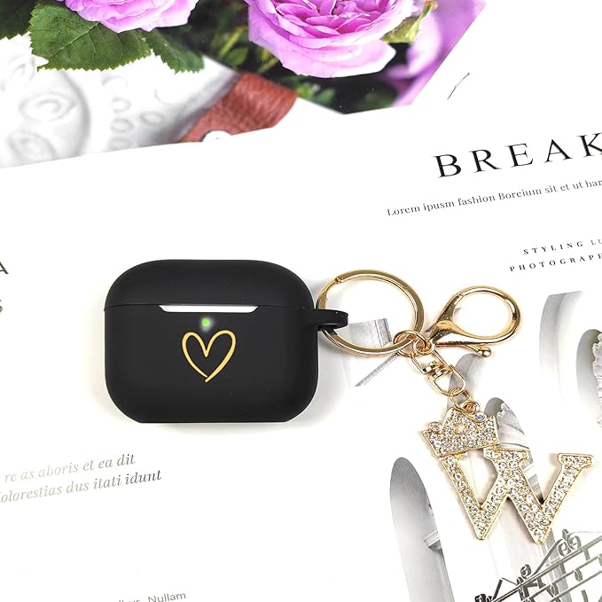 Compatible with AirPods Pro 3 Case Cover (2025), Soft Silicone Case with Gold Heart Pattern for AirPods Pro 3rd Generation Case with Rhinestone Studded Letter A-Z Keychain (W Black)