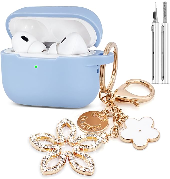 Compatible with AirPods Pro 2nd Generation Case with Cleaner Kit, Silicone Protective Case for Apple AirPod Pro 2nd/1st Earbuds Wireless Charging Cases with Bling Keychain (Gray Blue)