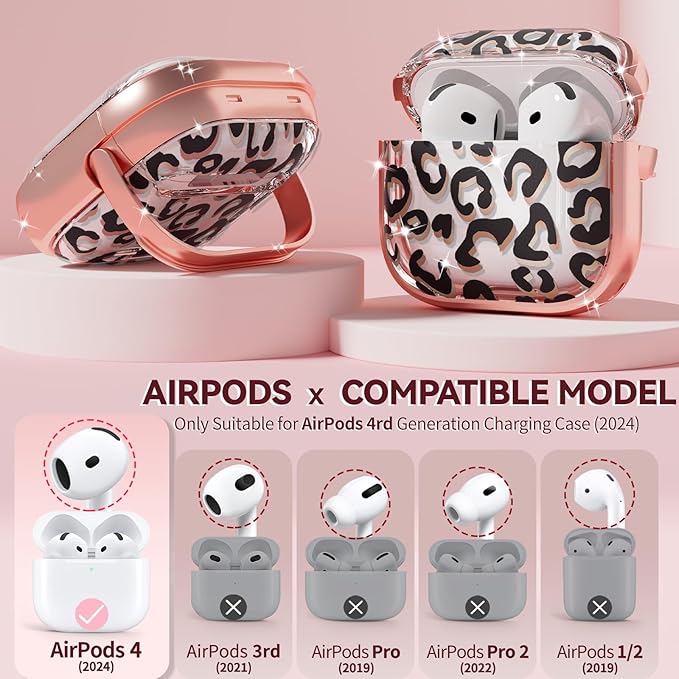Inesore with Safety Lock for AirPods 4 Case,Clear Floral Cute AirPod 4th Generation Case for Women Girly with Cleaner Kit and Keychain-Black+Gold Leopard Print