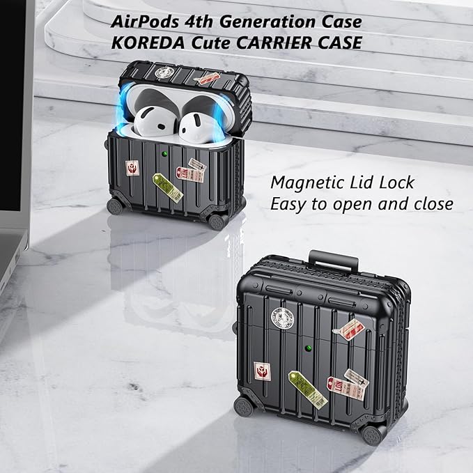 Filoto Compatible with Airpods 4 Case, Cute Fashion Suitcase Design for Airpods 4th Generation Case Cover, Shockproof Protective Hard Case with Keychain/Cleaner Kit (Black, Airpods 4 Case)
