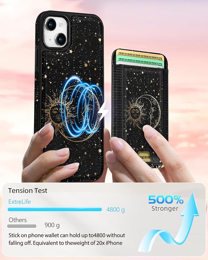 Shorogyt for iPhone 15 Plus Case Wallet - Fits 5 Cards, Compatible with Magsafe Detachable Magnetic Credit Card Holder Leather Cardholder Cute Phone Cover Women Girls for Apple 15Plus, Sun Moon